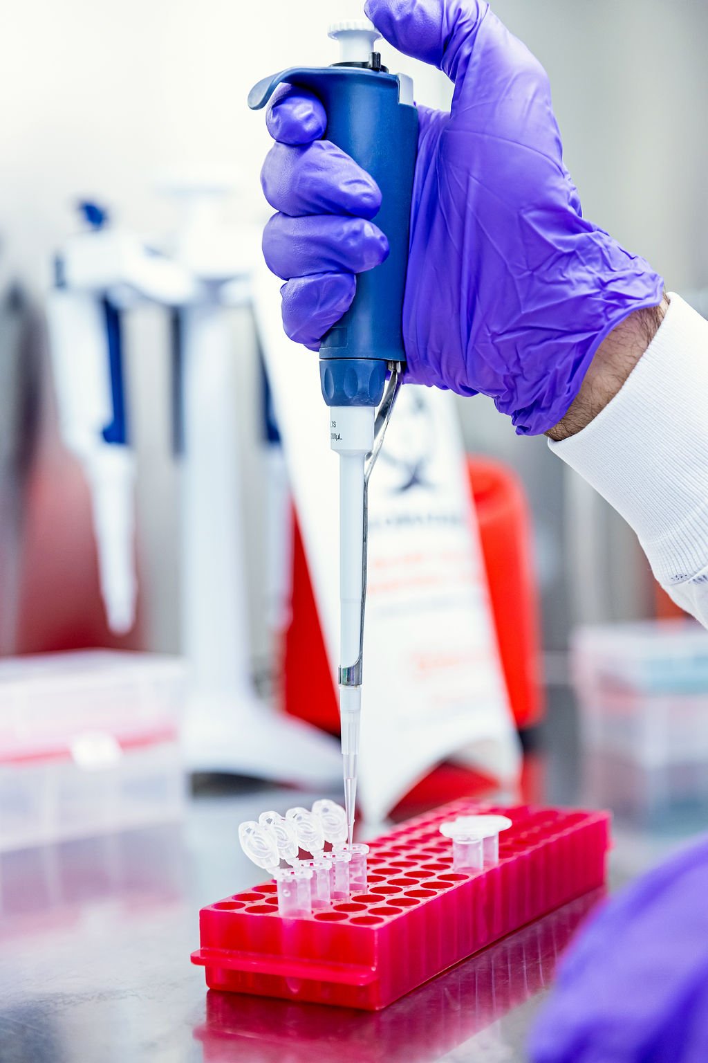 BiomEdit scientist working with lab equipment in a biosafety cabinet