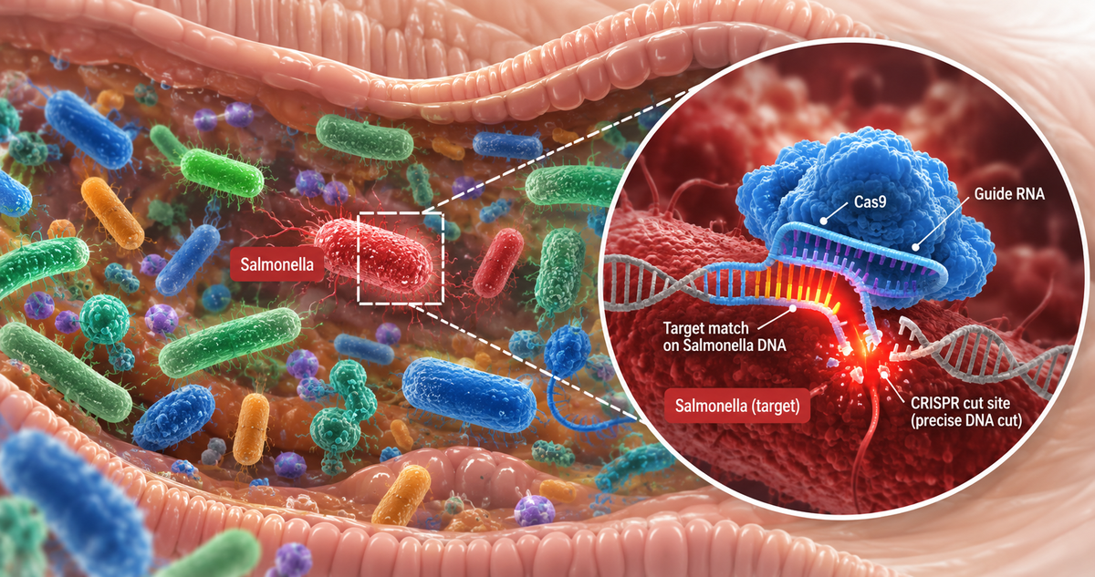 Illustration of Guided Biotics CRISPR technology precisely targeting Salmonella DNA in the gut microbiome